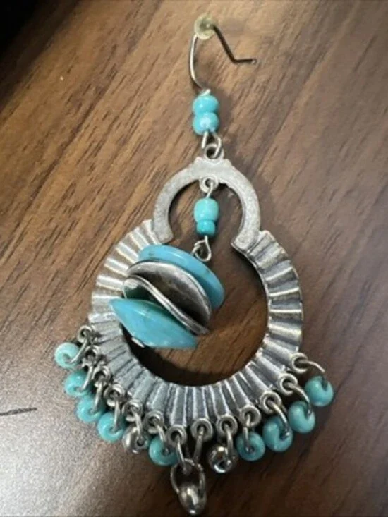 Behemian Style Silver Toned Hoop And Dangle Turquoise And Beads Earrings - Picture 3 of 5